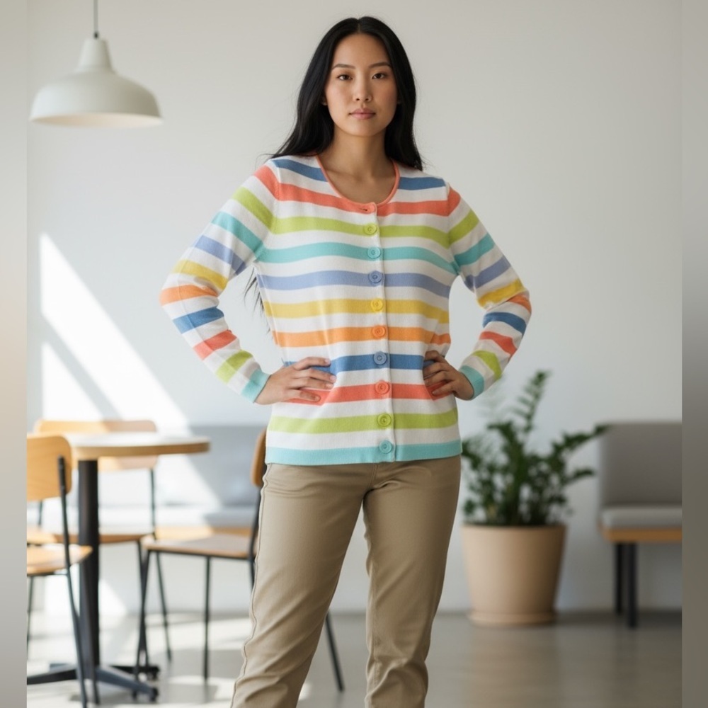 Orvis Pastel Striped Colorful Lightweight Button Up Sweater, ladies’ XS